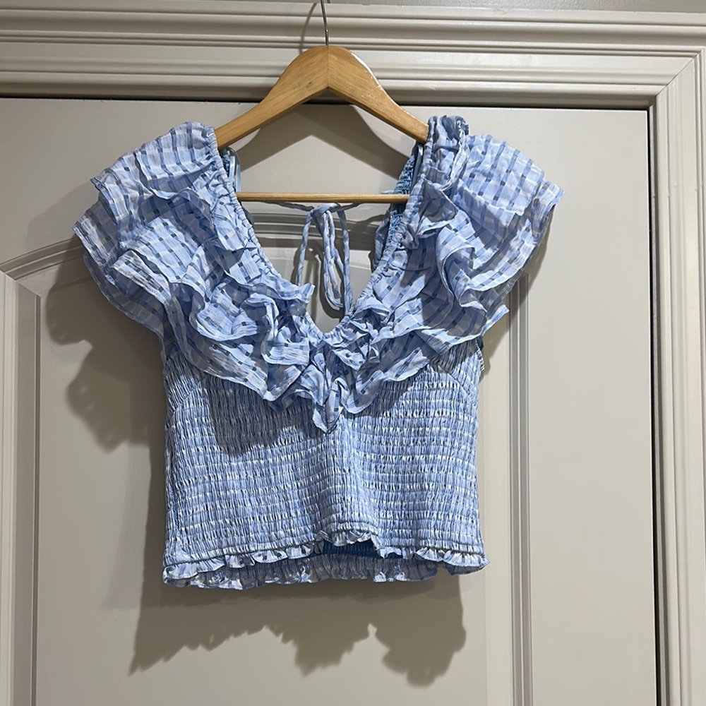 DO+BE Striped Blue Ruffle Blouse